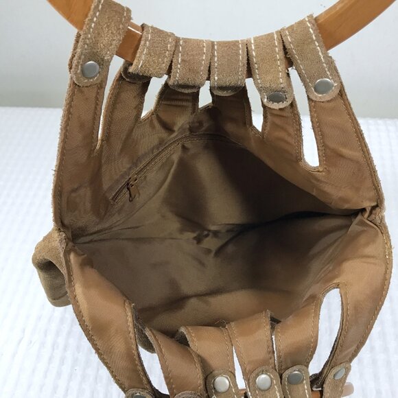 Vintage Suede Hobo Bag with Wooden Handle - Picture 2 of 9